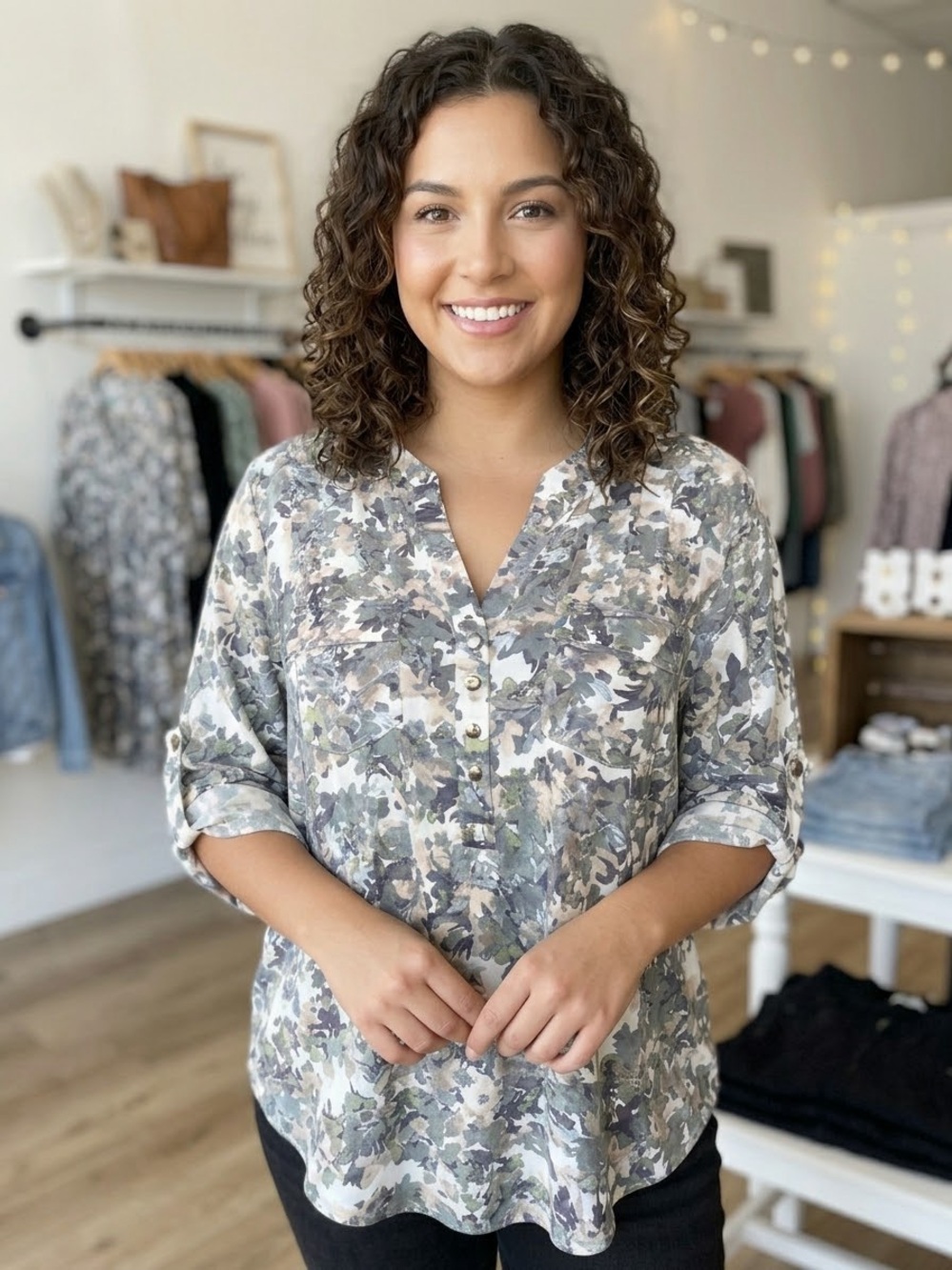 Notched V-Neck Roll-Sleeve Tunic in Green Camo